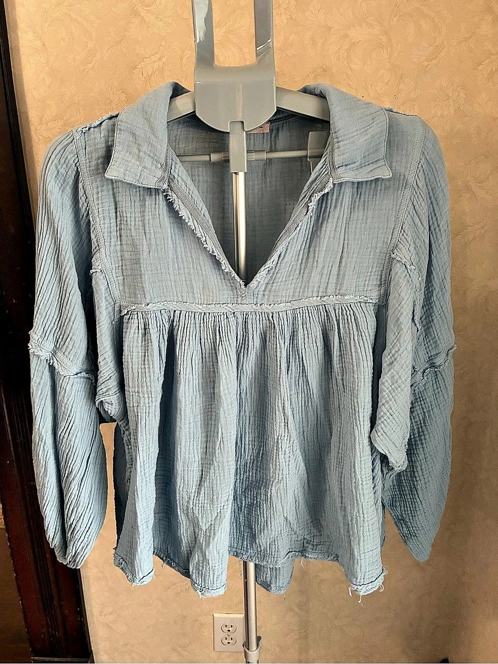 Ces Femme Textured Peasant Blouse in Blue